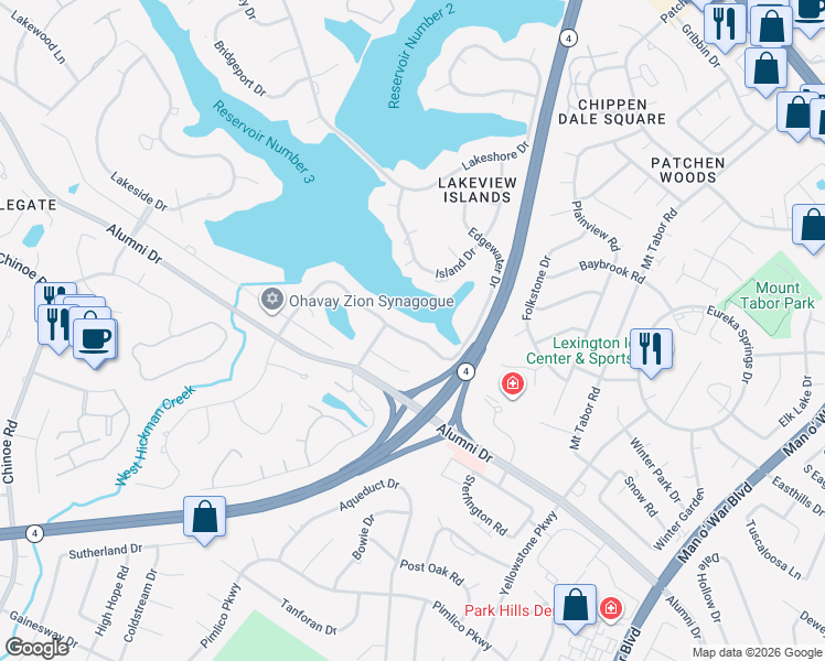map of restaurants, bars, coffee shops, grocery stores, and more near 923 Edgewater Drive in Lexington