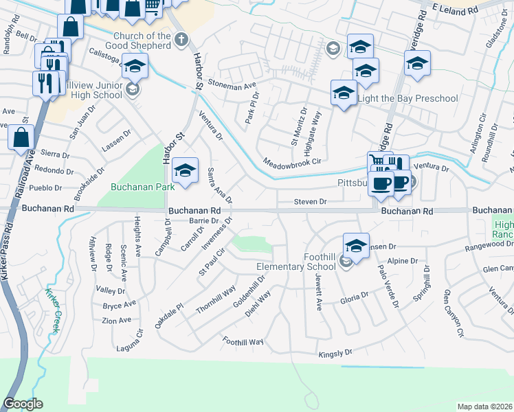 map of restaurants, bars, coffee shops, grocery stores, and more near 4175 Stephanie Way in Pittsburg