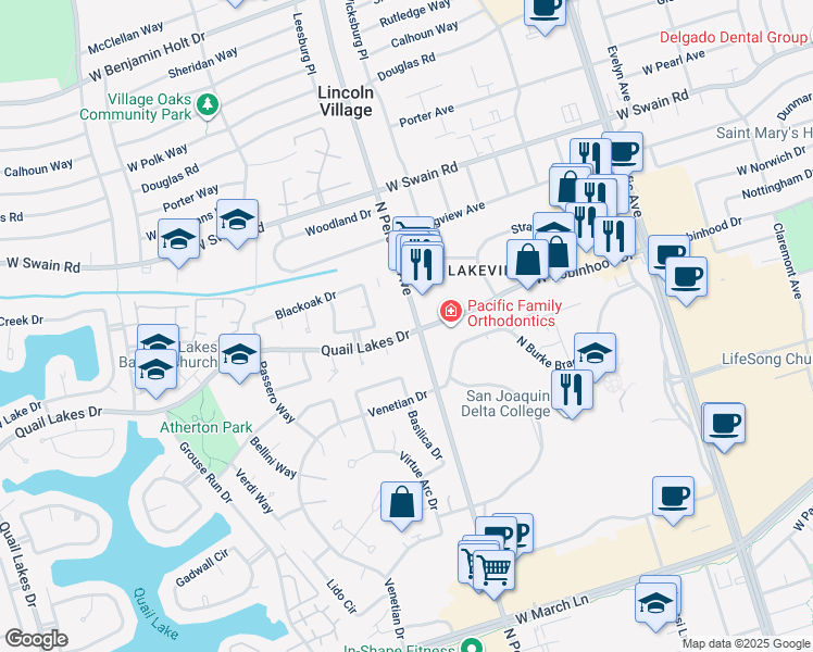 map of restaurants, bars, coffee shops, grocery stores, and more near 5605 North Pershing Avenue in Stockton