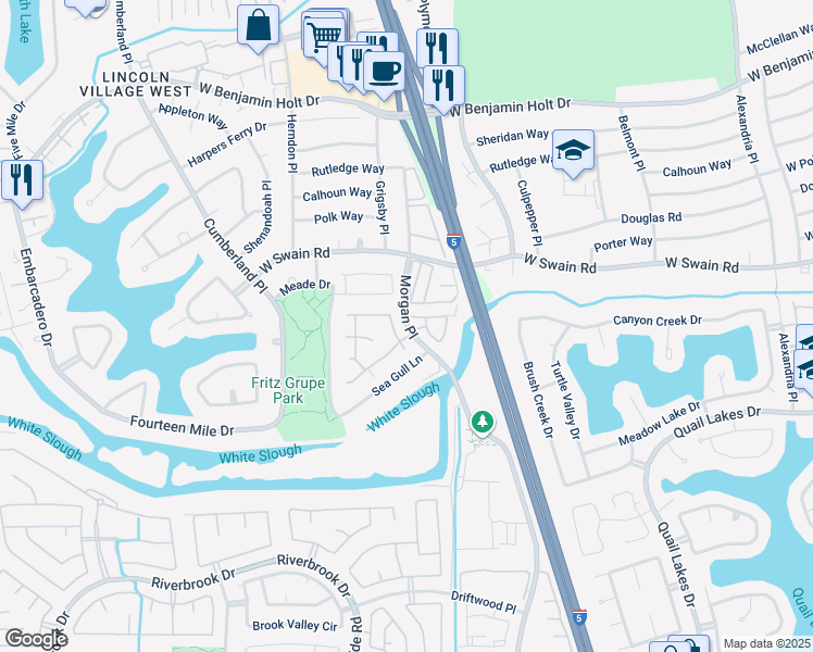 map of restaurants, bars, coffee shops, grocery stores, and more near 5858 Morgan Place in Stockton