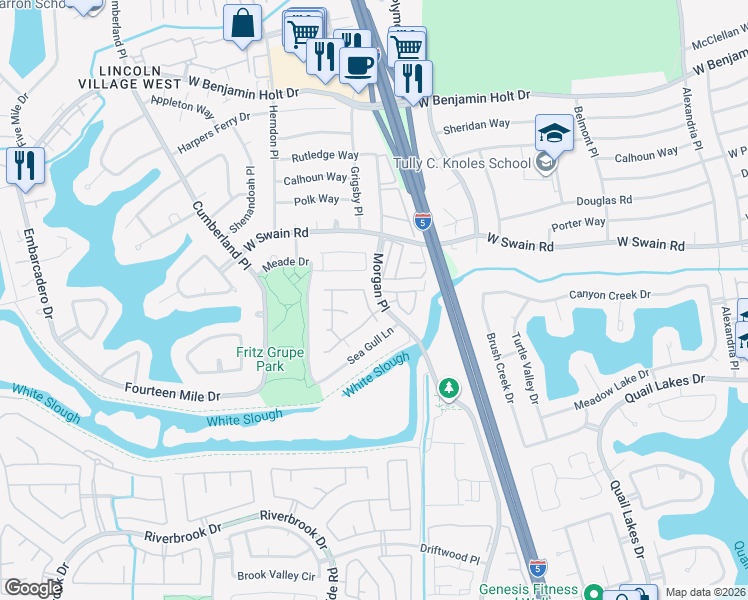 map of restaurants, bars, coffee shops, grocery stores, and more near 5858 Morgan Place in Stockton