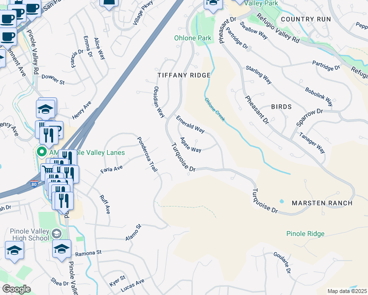 map of restaurants, bars, coffee shops, grocery stores, and more near 599 Turquoise Drive in Hercules