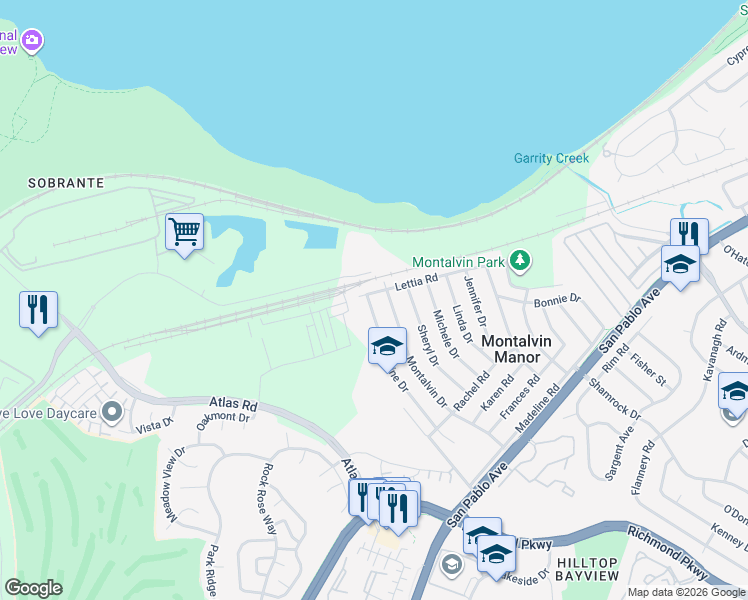 map of restaurants, bars, coffee shops, grocery stores, and more near 458 Montalvin Drive in San Pablo