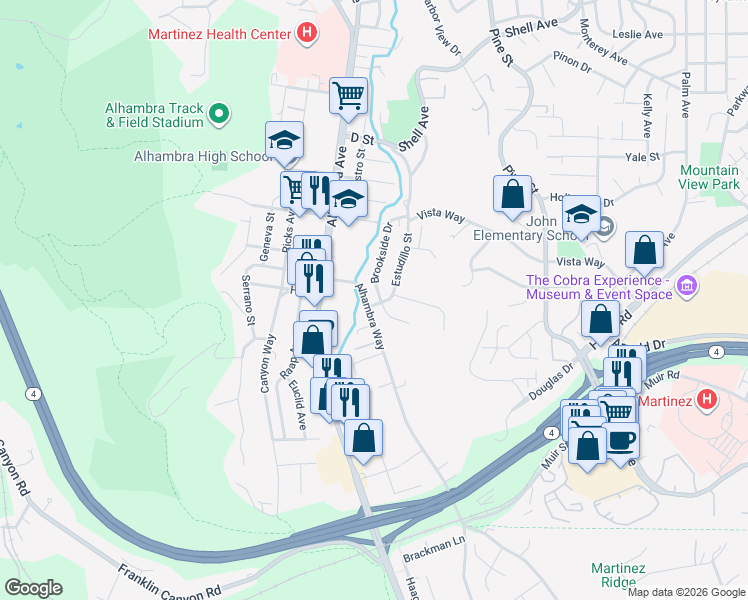map of restaurants, bars, coffee shops, grocery stores, and more near 3600 Estudillo Street in Martinez