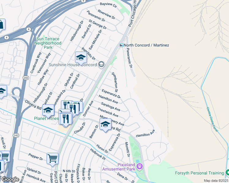map of restaurants, bars, coffee shops, grocery stores, and more near 3541 Dumbarton Street in Concord