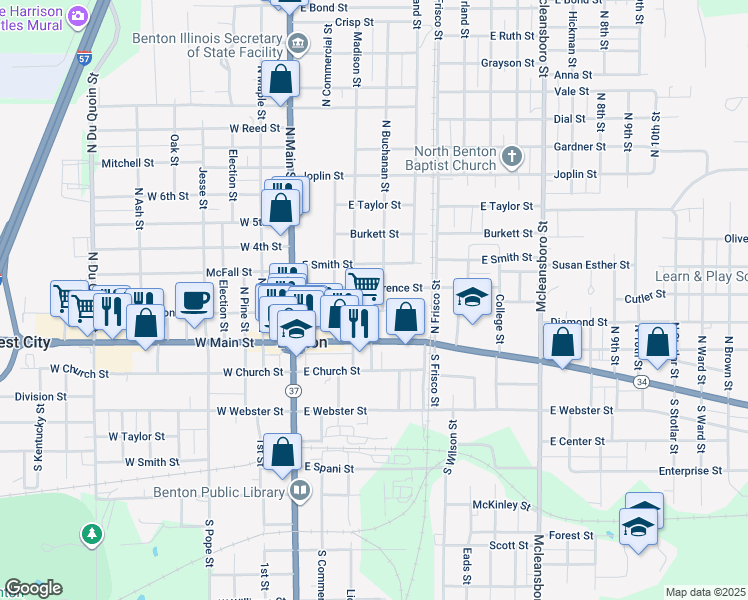 map of restaurants, bars, coffee shops, grocery stores, and more near 307 East Washington Street in Benton
