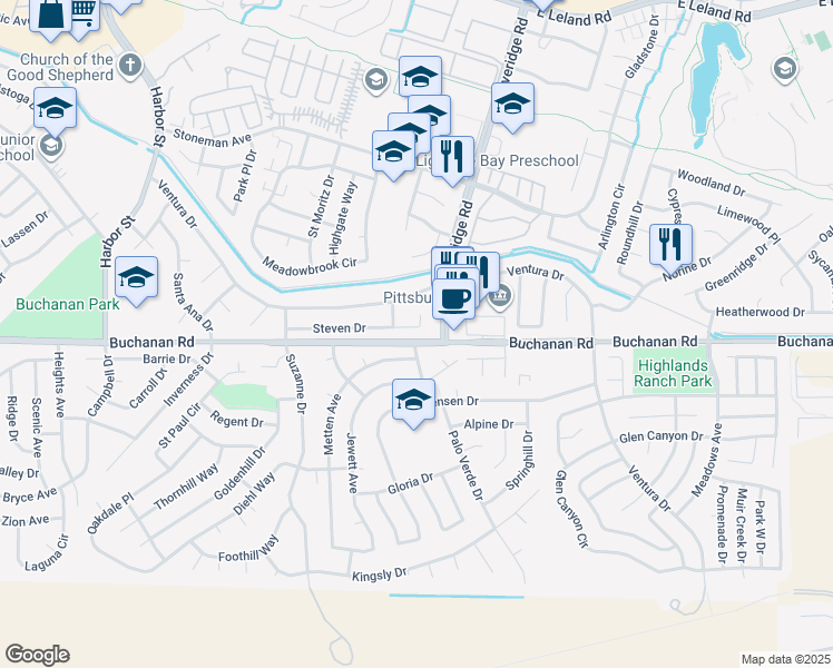 map of restaurants, bars, coffee shops, grocery stores, and more near 1238 Steven Drive in Pittsburg