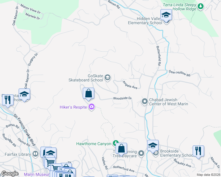 map of restaurants, bars, coffee shops, grocery stores, and more near 4 Timothy Avenue in San Anselmo
