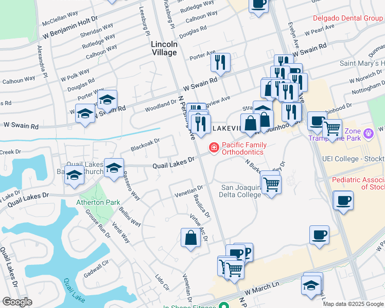 map of restaurants, bars, coffee shops, grocery stores, and more near 5605 North Pershing Avenue in Stockton