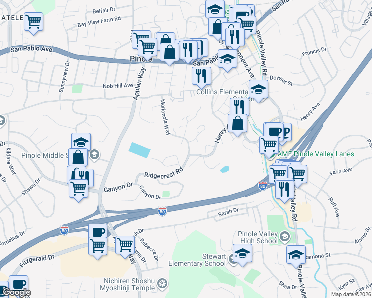 map of restaurants, bars, coffee shops, grocery stores, and more near in Pinole