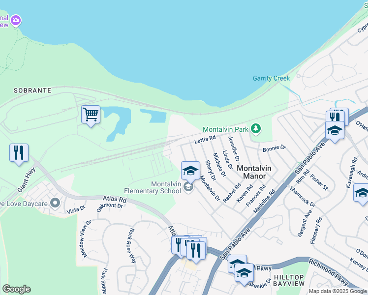 map of restaurants, bars, coffee shops, grocery stores, and more near 458 Montalvin Drive in San Pablo