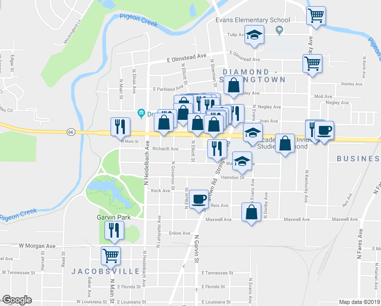 map of restaurants, bars, coffee shops, grocery stores, and more near 421 Richardt Avenue in Evansville