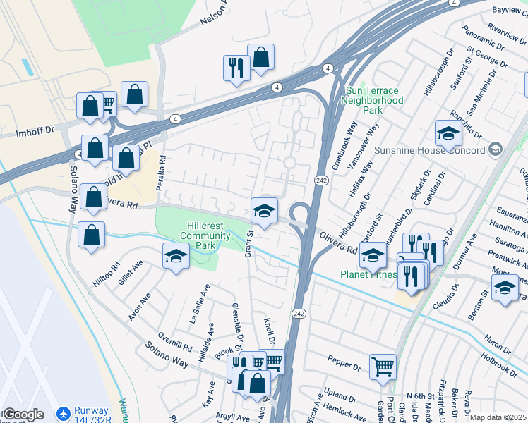 map of restaurants, bars, coffee shops, grocery stores, and more near 2125 Northwood Circle in Concord