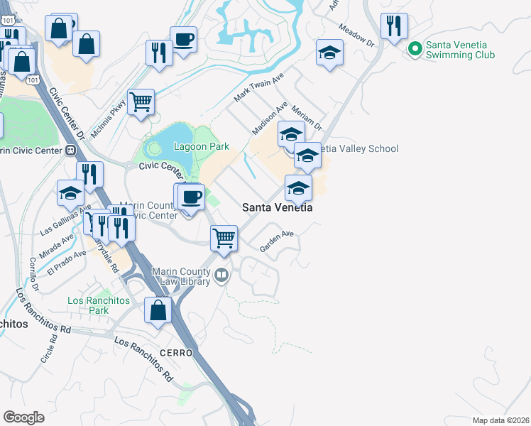 map of restaurants, bars, coffee shops, grocery stores, and more near in Santa Venetia