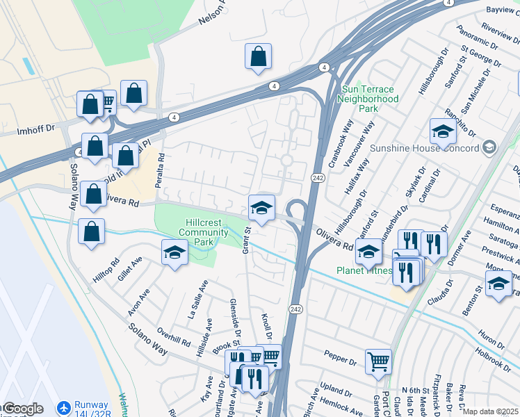 map of restaurants, bars, coffee shops, grocery stores, and more near 2125 Northwood Circle in Concord