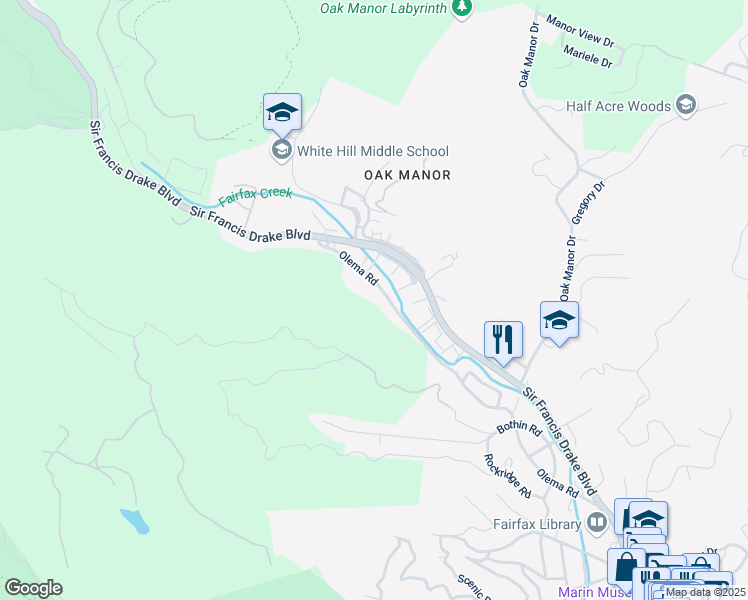 map of restaurants, bars, coffee shops, grocery stores, and more near 333 Olema Road in Fairfax
