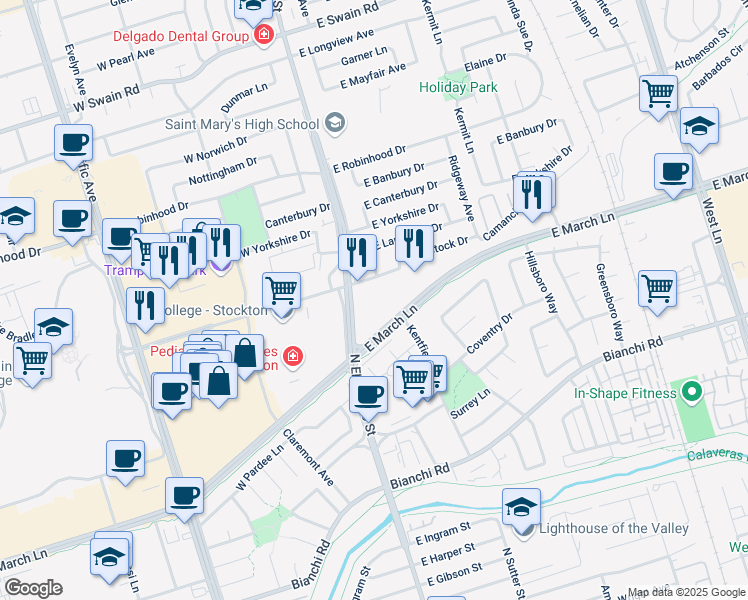 map of restaurants, bars, coffee shops, grocery stores, and more near 5236 North El Dorado Street in Stockton