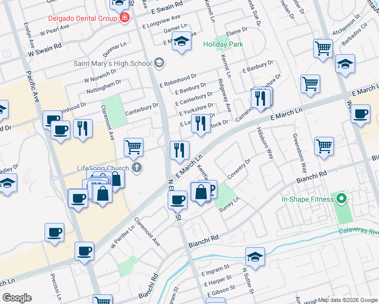 map of restaurants, bars, coffee shops, grocery stores, and more near 211 East March Lane in Stockton