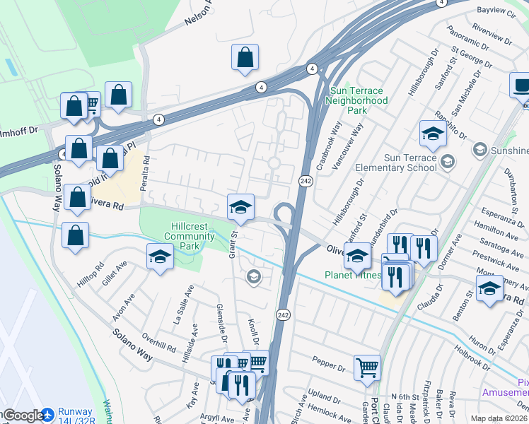 map of restaurants, bars, coffee shops, grocery stores, and more near 2145 Northwood Circle in Concord