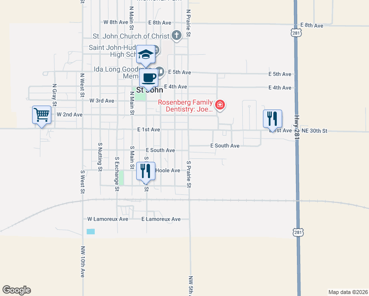 map of restaurants, bars, coffee shops, grocery stores, and more near 452-498 East South Avenue in Saint John