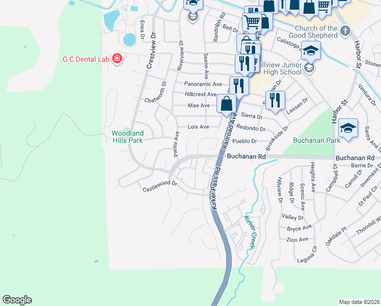 map of restaurants, bars, coffee shops, grocery stores, and more near 1 Encina Place in Pittsburg