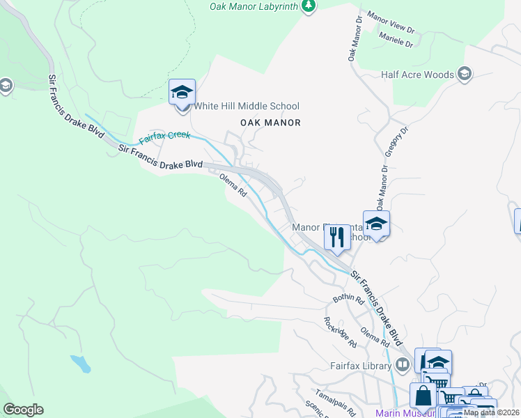 map of restaurants, bars, coffee shops, grocery stores, and more near 338 Olema Road in Fairfax
