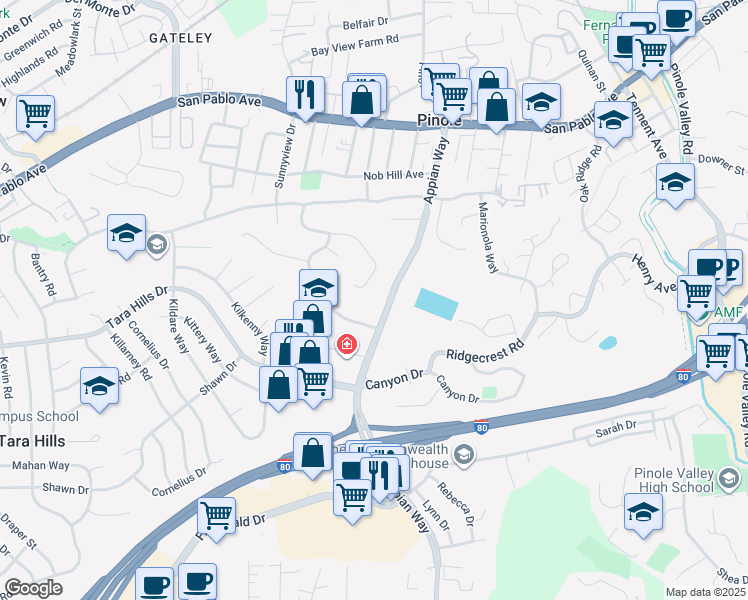 map of restaurants, bars, coffee shops, grocery stores, and more near 1273 Mc Donald Drive in Pinole