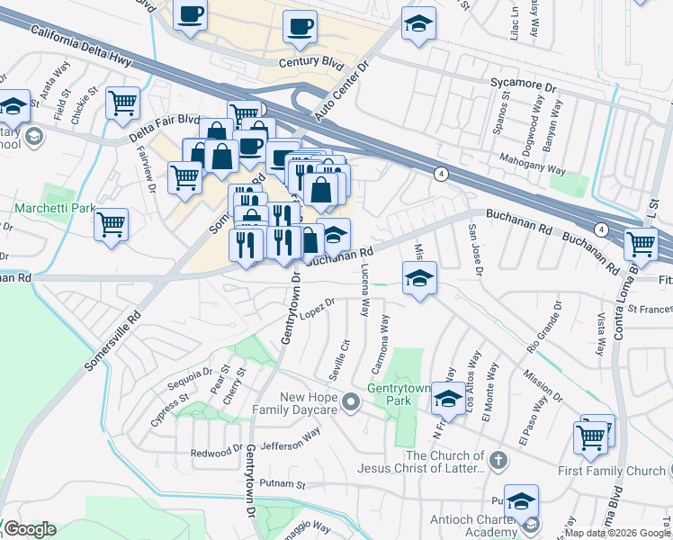 map of restaurants, bars, coffee shops, grocery stores, and more near 2714 Anza Court in Antioch