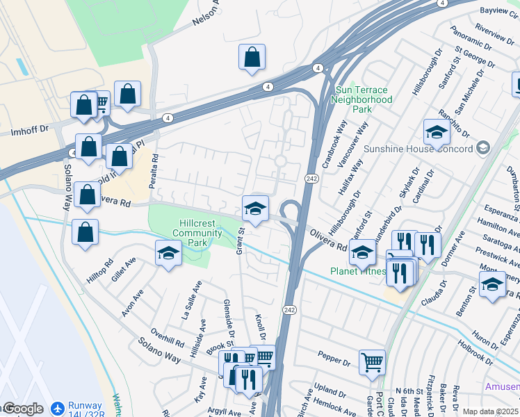 map of restaurants, bars, coffee shops, grocery stores, and more near 2125 Northwood Circle in Concord