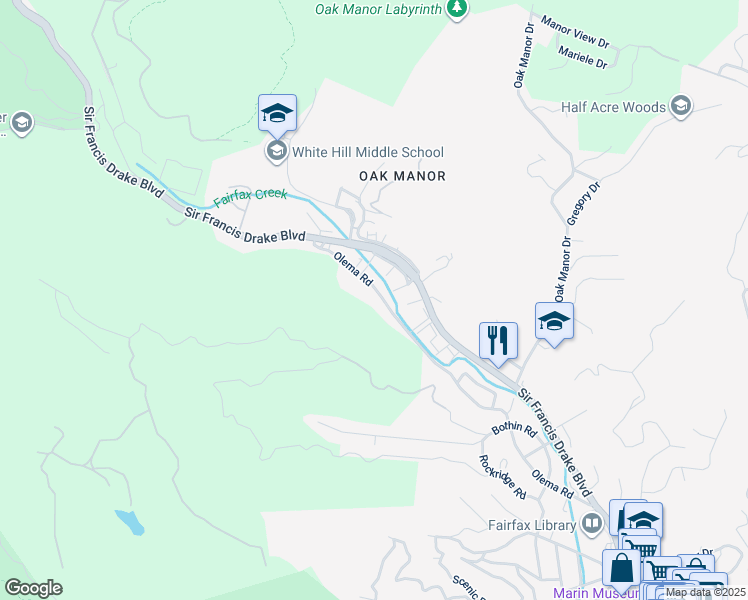 map of restaurants, bars, coffee shops, grocery stores, and more near 333 Olema Road in Fairfax