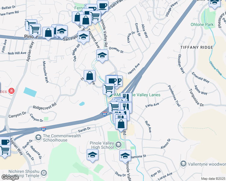 map of restaurants, bars, coffee shops, grocery stores, and more near 1338 Pinole Valley Road in Pinole