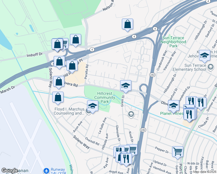 map of restaurants, bars, coffee shops, grocery stores, and more near 2063 Olivera Road in Concord