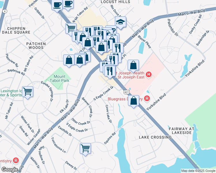 map of restaurants, bars, coffee shops, grocery stores, and more near 121 Sand Lake Drive in Lexington