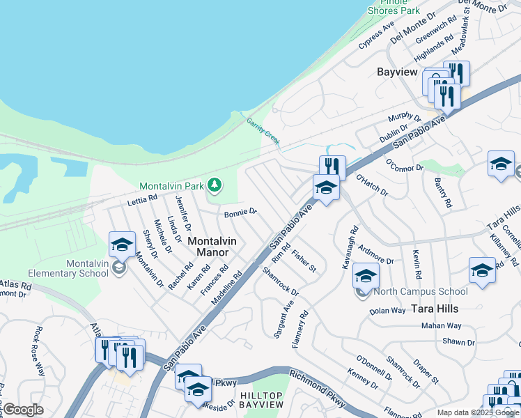 map of restaurants, bars, coffee shops, grocery stores, and more near 91 Bonnie Drive in San Pablo