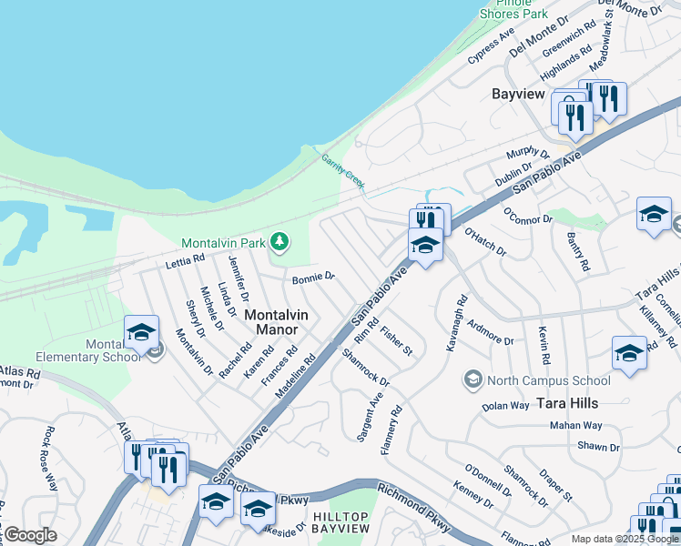 map of restaurants, bars, coffee shops, grocery stores, and more near 91 Bonnie Drive in San Pablo