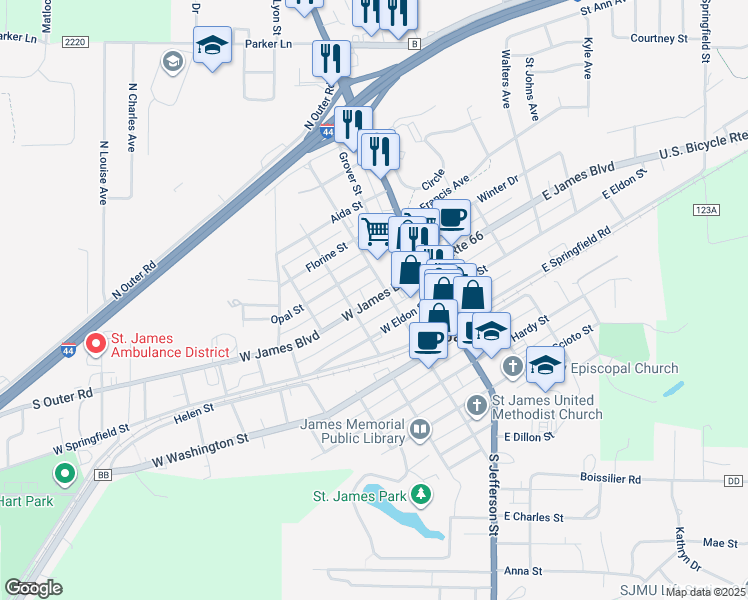 map of restaurants, bars, coffee shops, grocery stores, and more near 220 West James Boulevard in Saint James