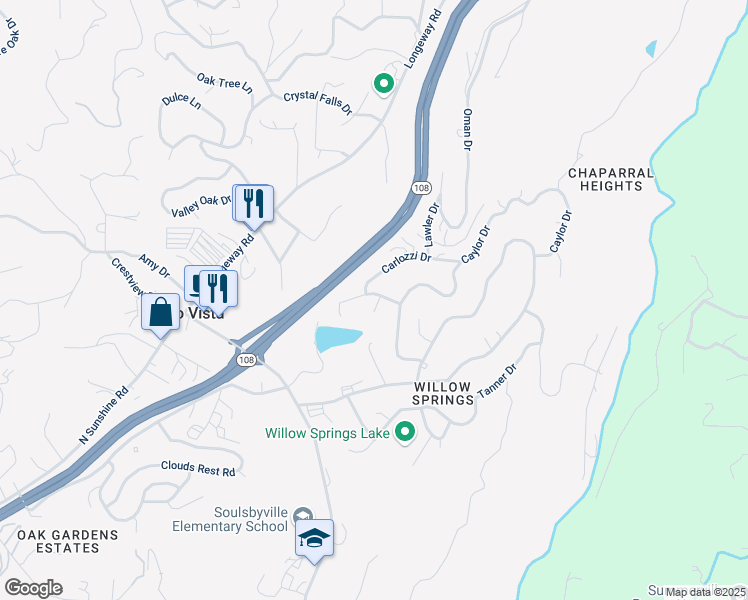 map of restaurants, bars, coffee shops, grocery stores, and more near 20702 Krzywicki Court in Soulsbyville