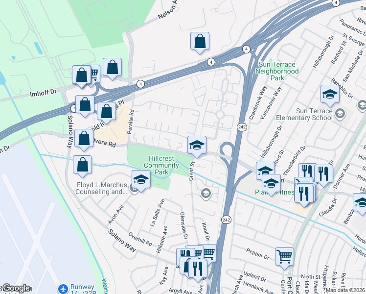 map of restaurants, bars, coffee shops, grocery stores, and more near 2091 Olivera Road in Concord