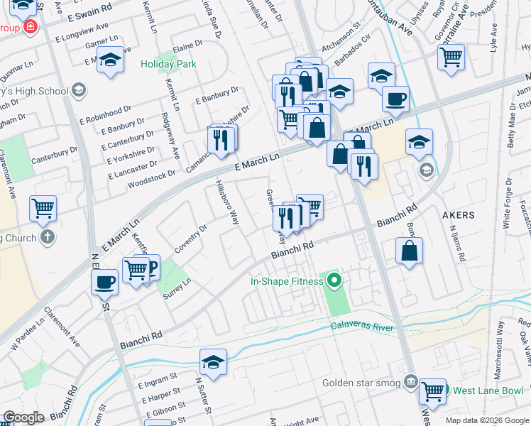 map of restaurants, bars, coffee shops, grocery stores, and more near 4617 Greensboro Way in Stockton