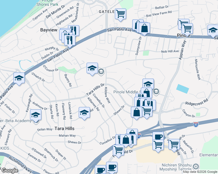 map of restaurants, bars, coffee shops, grocery stores, and more near 910 Kittery Way in Pinole