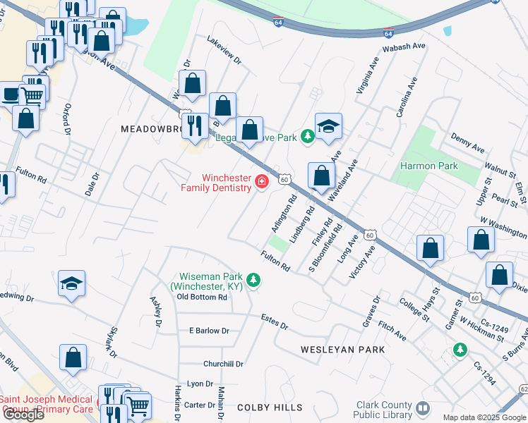 map of restaurants, bars, coffee shops, grocery stores, and more near 1108 West Lexington Avenue in Winchester