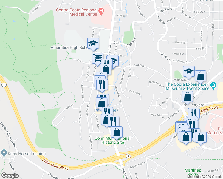 map of restaurants, bars, coffee shops, grocery stores, and more near 600 Alhambra Way in Martinez