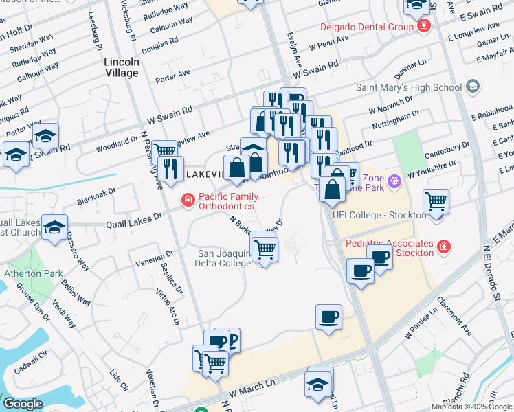 map of restaurants, bars, coffee shops, grocery stores, and more near Unnamed Road in San Joaquin County
