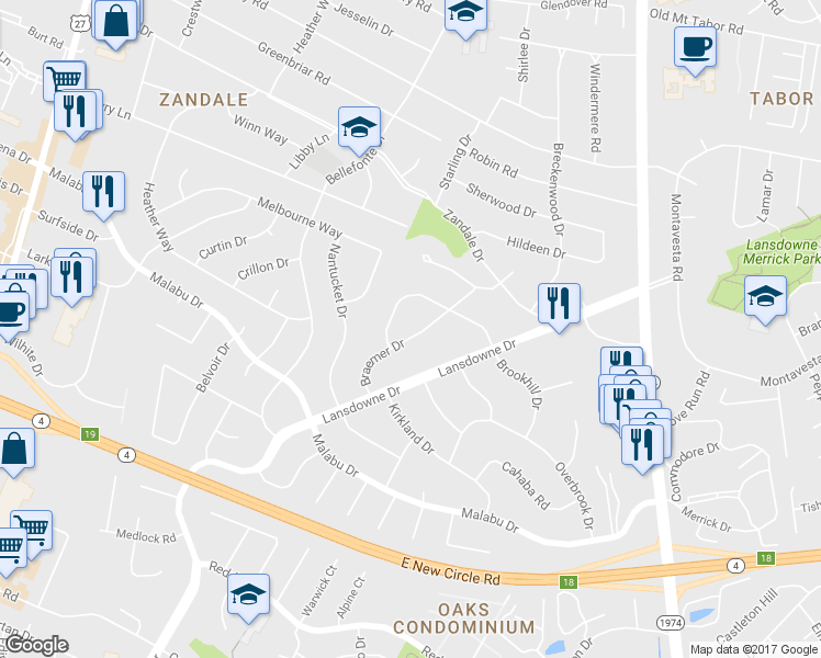 map of restaurants, bars, coffee shops, grocery stores, and more near 3321 Braemer Drive in Lexington