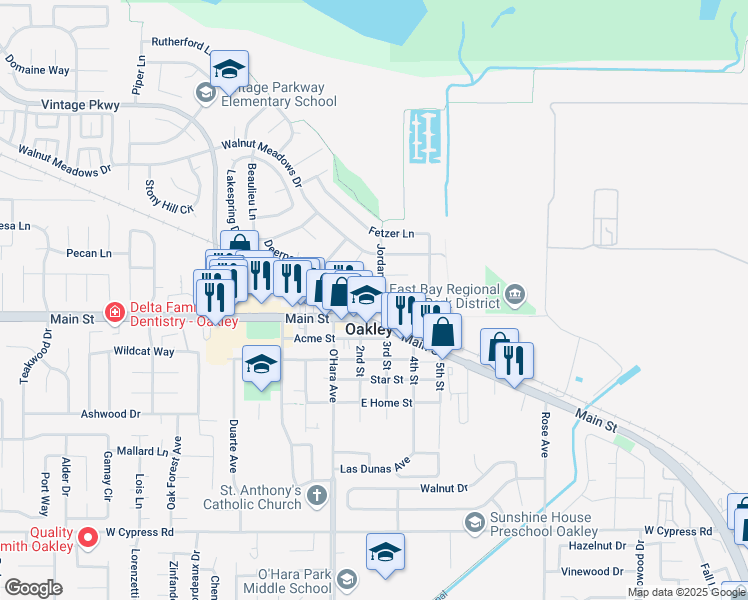 map of restaurants, bars, coffee shops, grocery stores, and more near 1137 Jordan Lane in Oakley