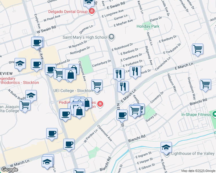 map of restaurants, bars, coffee shops, grocery stores, and more near 11 West Yokuts Avenue in Stockton