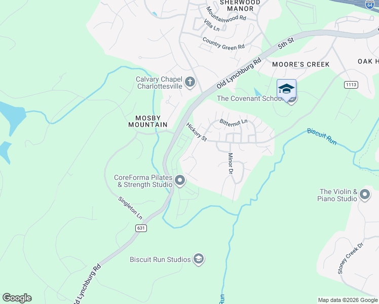 map of restaurants, bars, coffee shops, grocery stores, and more near 1605 Bitternut Lane in Charlottesville