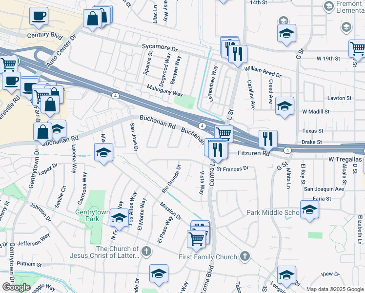 map of restaurants, bars, coffee shops, grocery stores, and more near 2733 Del Oro Circle in Antioch