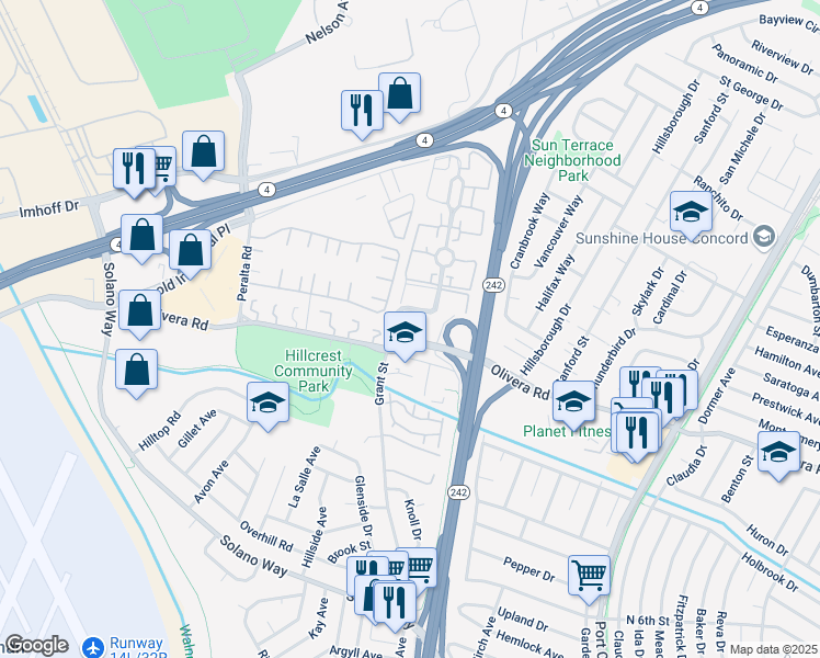 map of restaurants, bars, coffee shops, grocery stores, and more near 2125 Northwood Circle in Concord