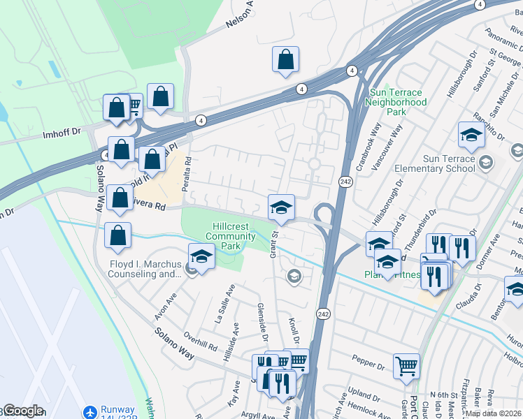 map of restaurants, bars, coffee shops, grocery stores, and more near 2091 Olivera Road in Concord
